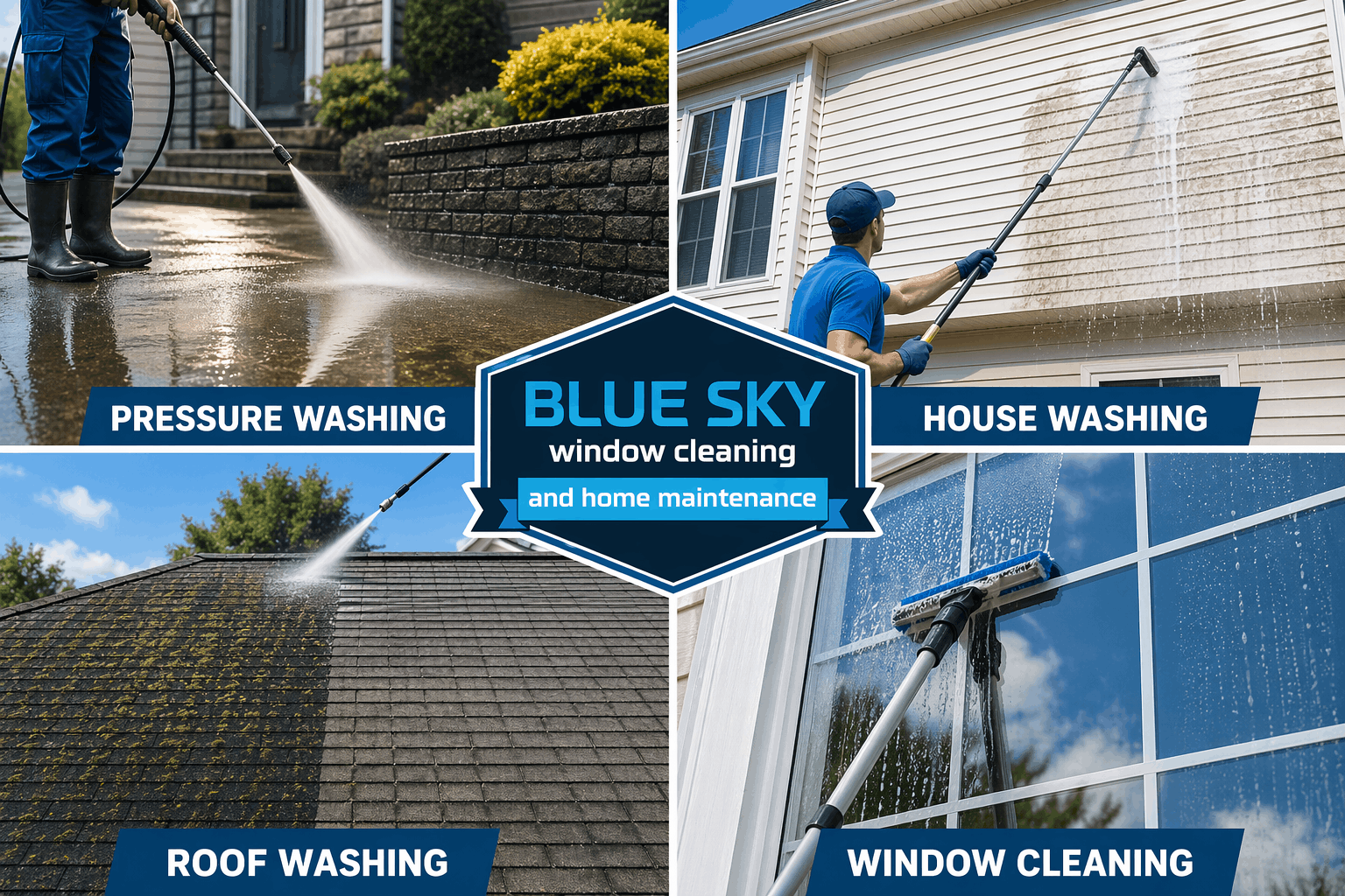 Blue Sky Window Cleaning crew pressure washing driveway, cleaning house, roof, and windows; logo in the center.
