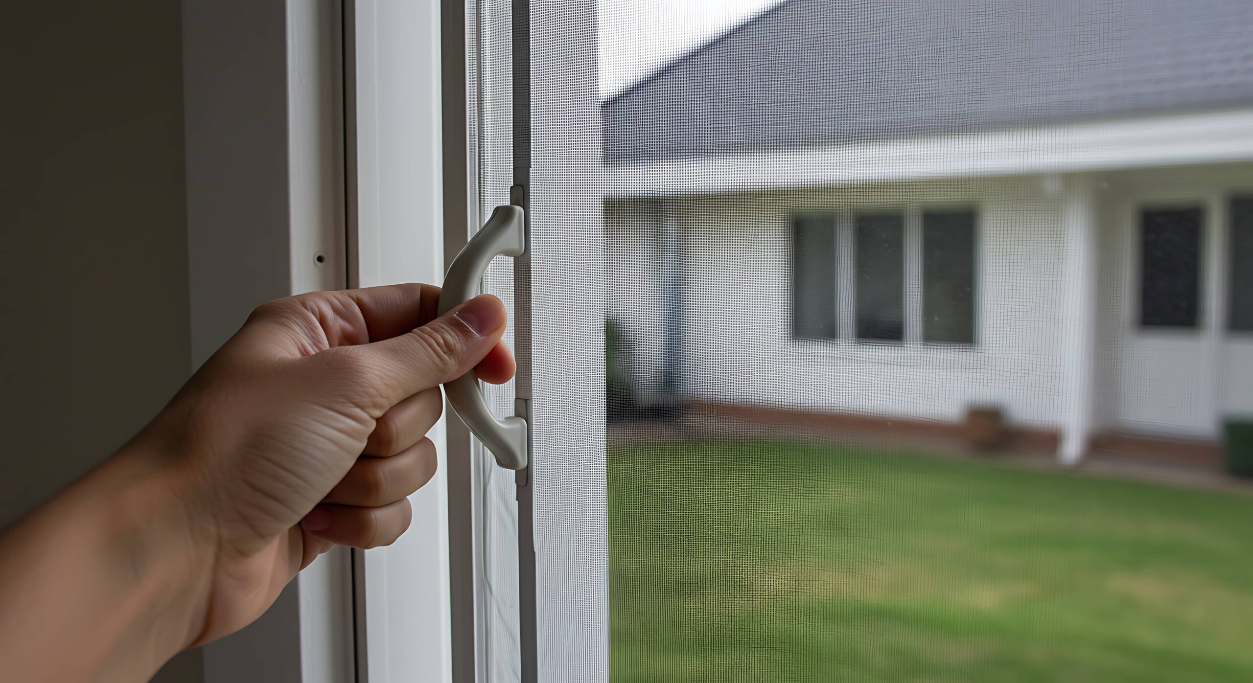 A hand slides open a window screen in front of a grassy yard and white house, perfect for easy Fly Screen Repair.