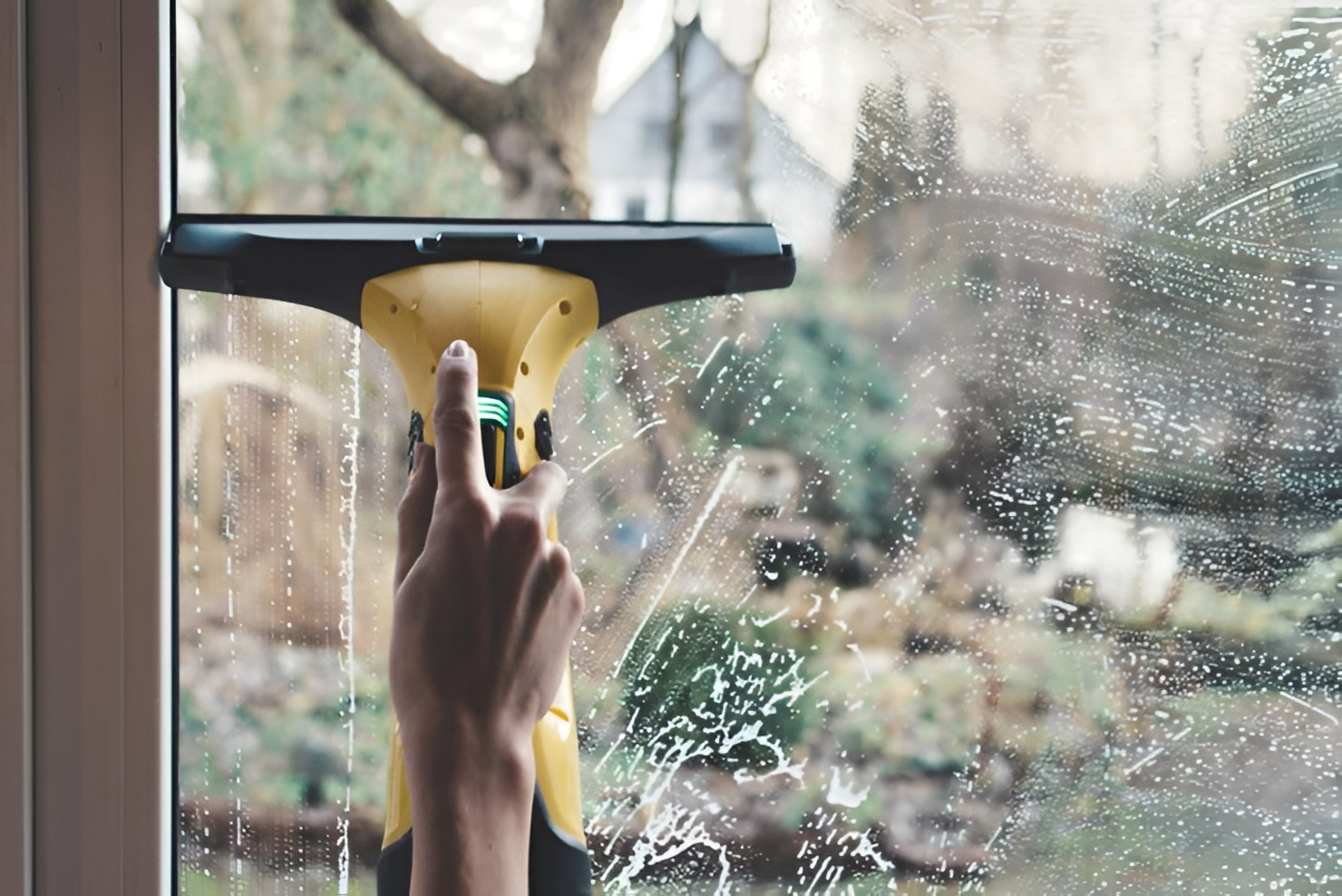 Window cleaning with a squeegee tool, removing soap suds to reveal a clear garden view outside.