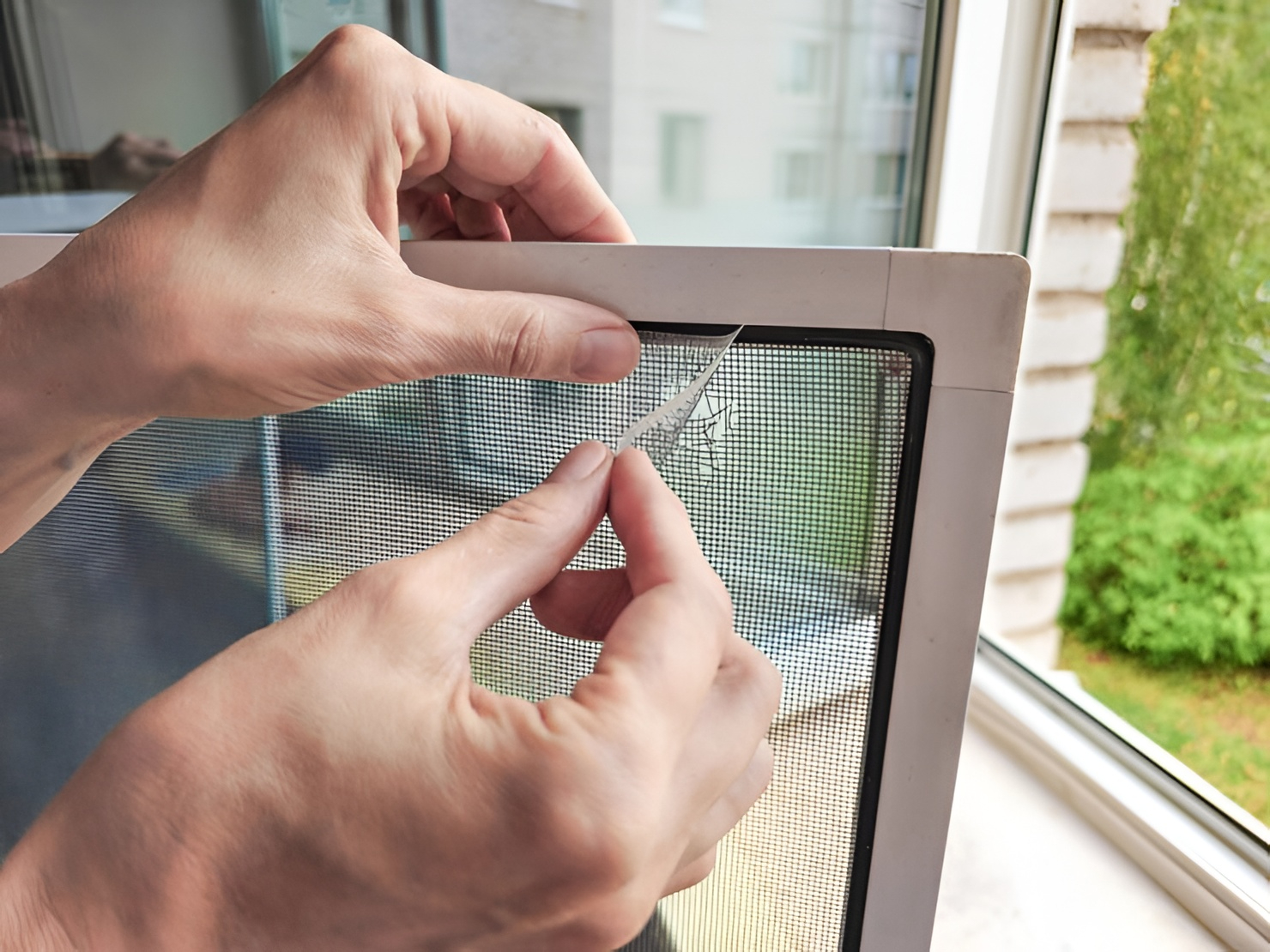 Hands repairing window screen with transparent tape to fix a small tear near an open window, close-up view.
