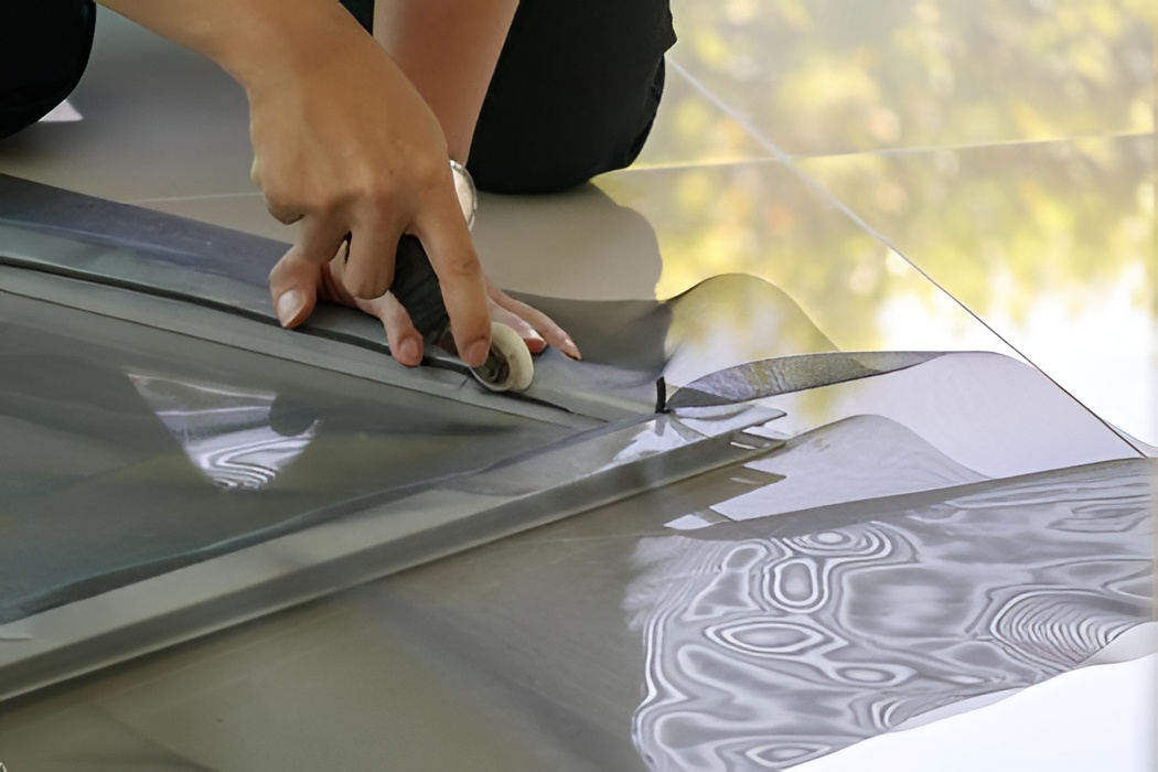 A person trims window tint film on glass using a cutting tool, similar to fly screen repair techniques.